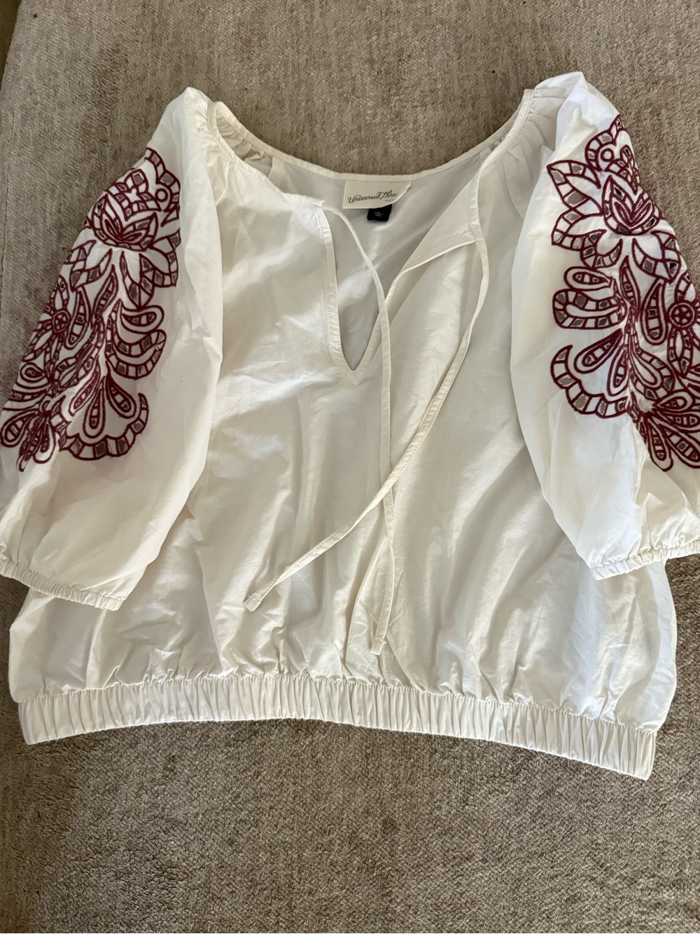 Embroidered Red Eyelit SleevesPeasant Top - White